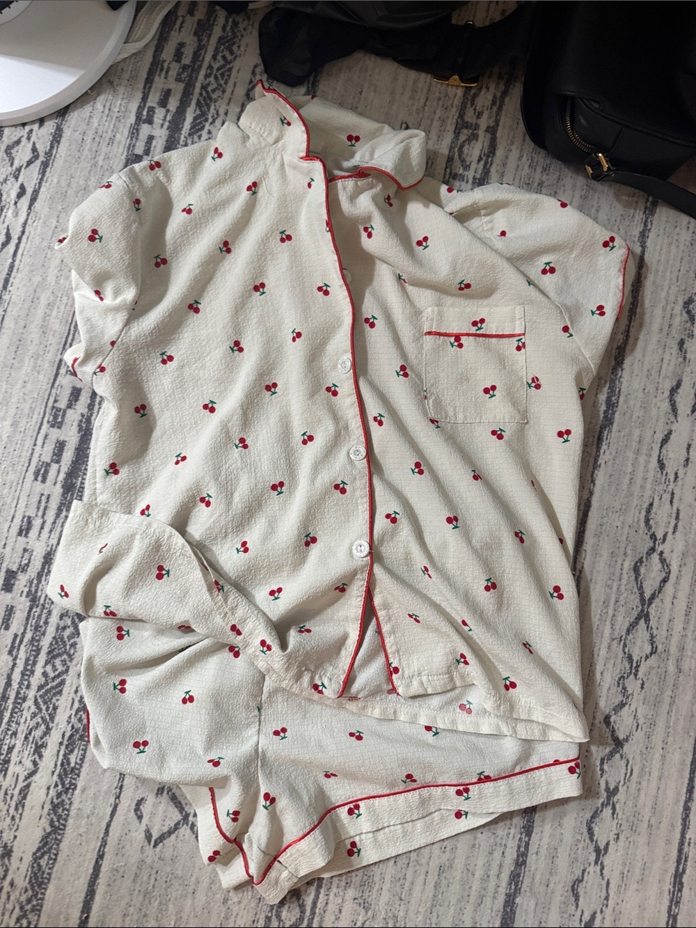 Cream Cherry-Print Short Pajama Set with Red Piping